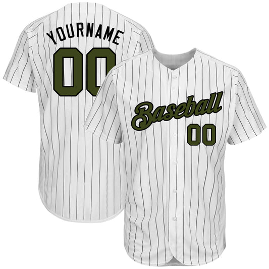Custom White Black Pinstripe Olive-Black Authentic Memorial Day Baseball Jersey - Main View