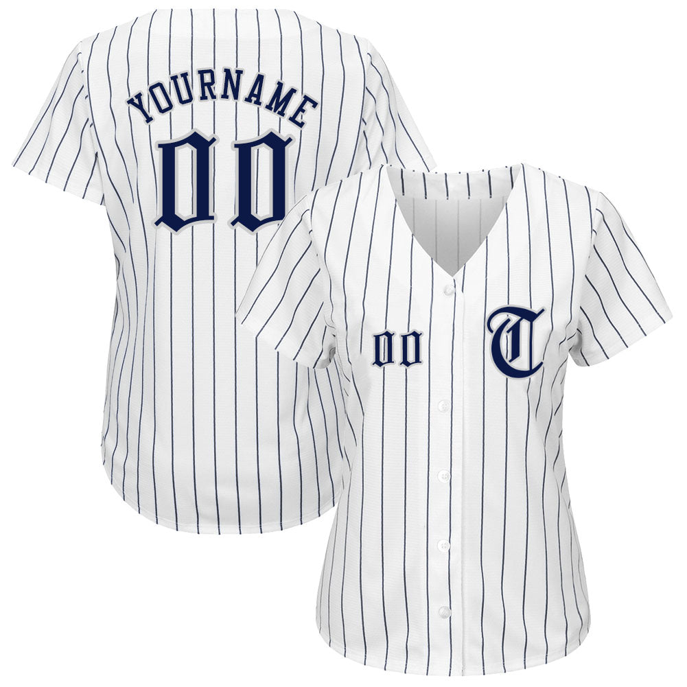 Custom White Navy Pinstripe Navy-Gray Authentic Baseball Jersey view 2
