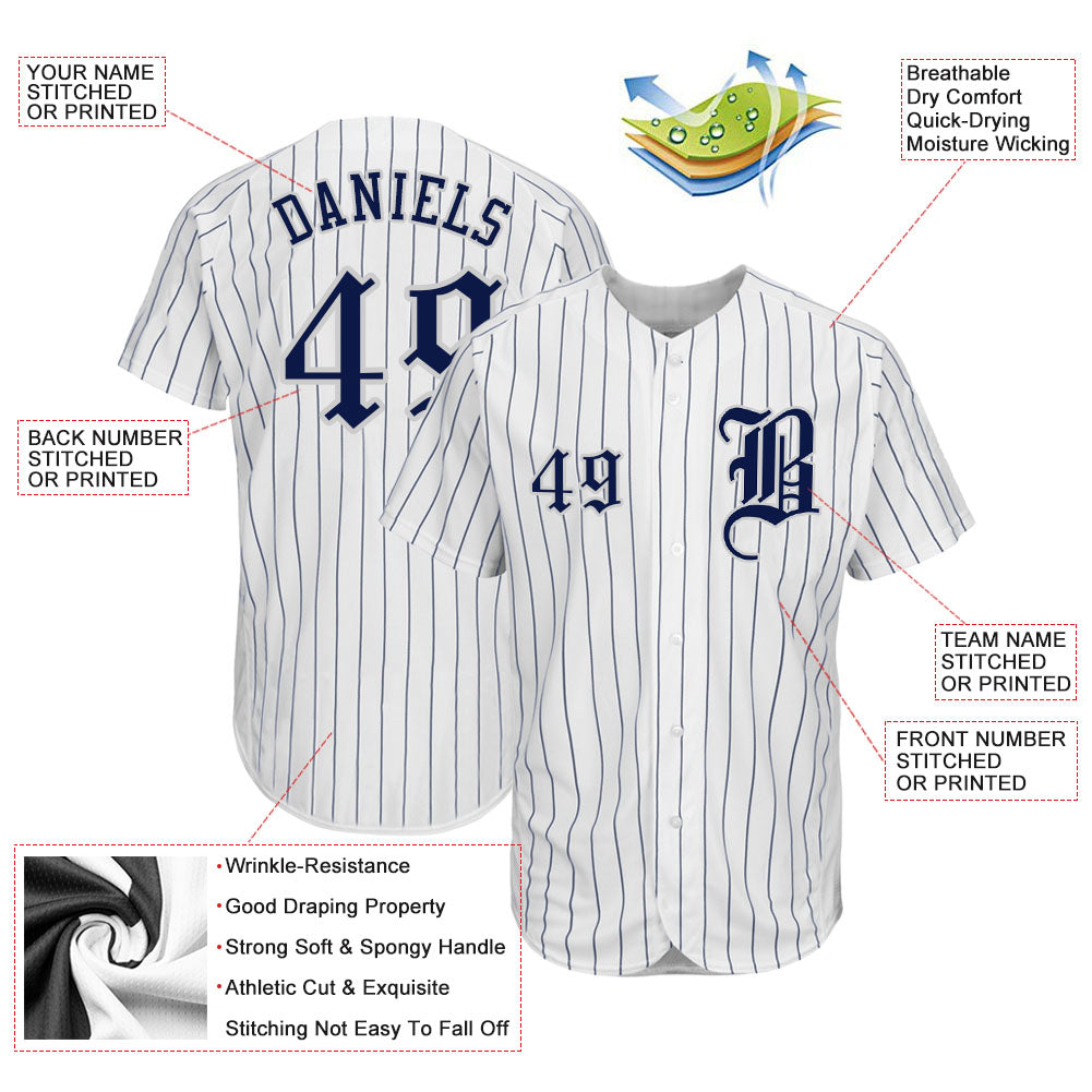 Custom White Navy Pinstripe Navy-Gray Authentic Baseball Jersey view 3