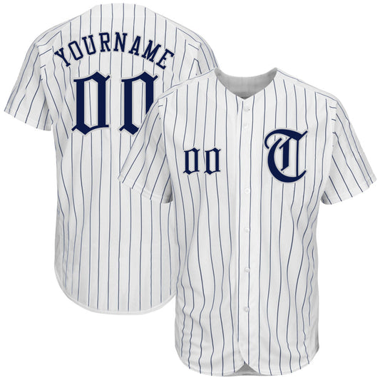 Custom White Navy Pinstripe Navy-Gray Authentic Baseball Jersey - Main View