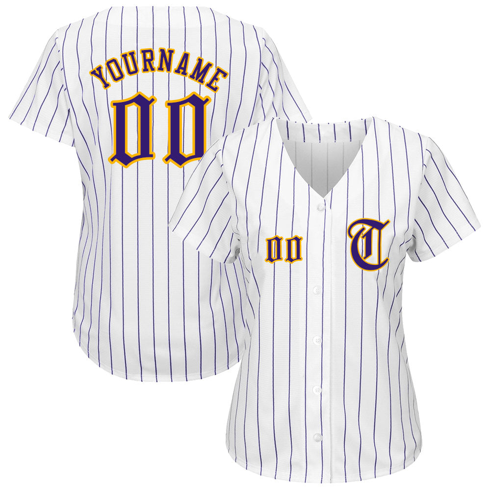 Custom White Purple Pinstripe Purple-Gold Authentic Baseball Jersey view 2