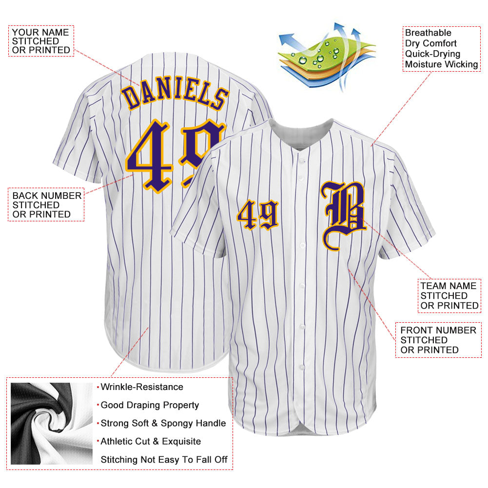 Custom White Purple Pinstripe Purple-Gold Authentic Baseball Jersey view 3