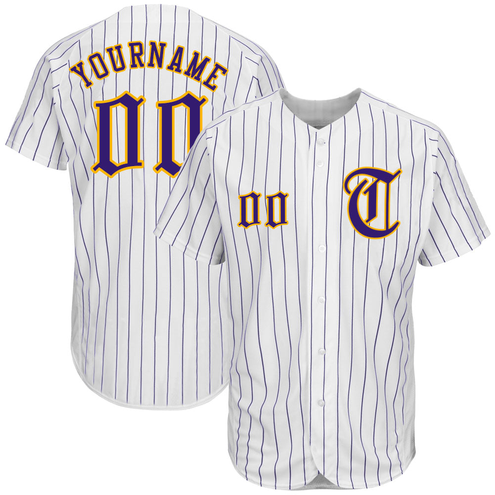 Custom White Purple Pinstripe Purple-Gold Authentic Baseball Jersey - Main View