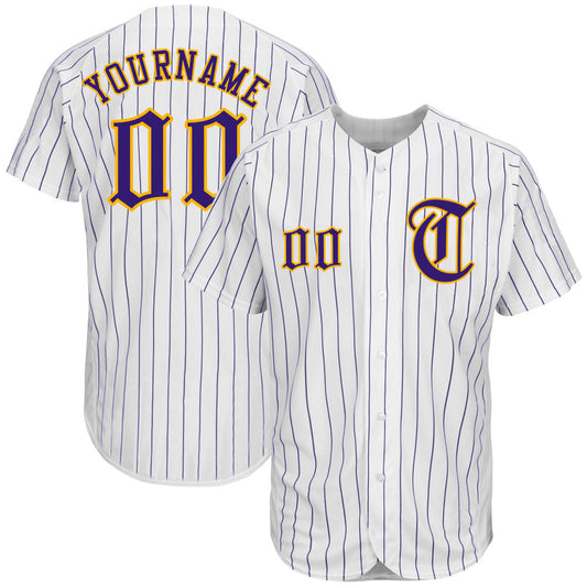 Custom White Purple Pinstripe Purple-Gold Authentic Baseball Jersey - Main View