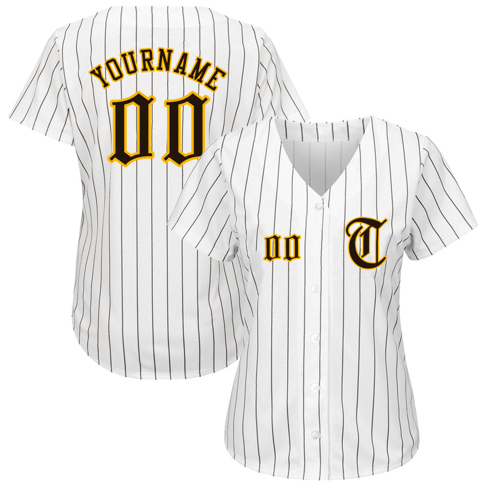 Custom White Brown Pinstripe Brown-Gold Authentic Baseball Jersey view 2