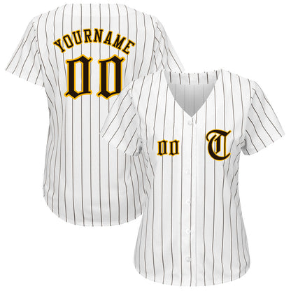 Custom White Brown Pinstripe Brown-Gold Authentic Baseball Jersey view 2