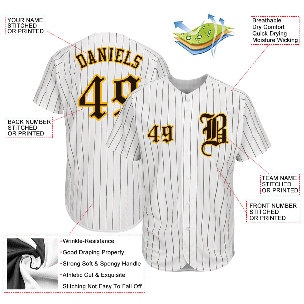 Custom White Brown Pinstripe Brown-Gold Authentic Baseball Jersey view 3