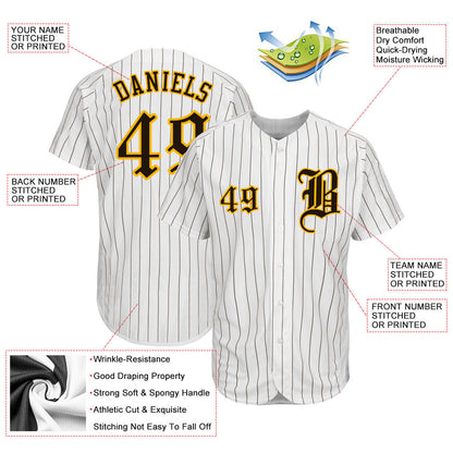 Custom White Brown Pinstripe Brown-Gold Authentic Baseball Jersey view 3