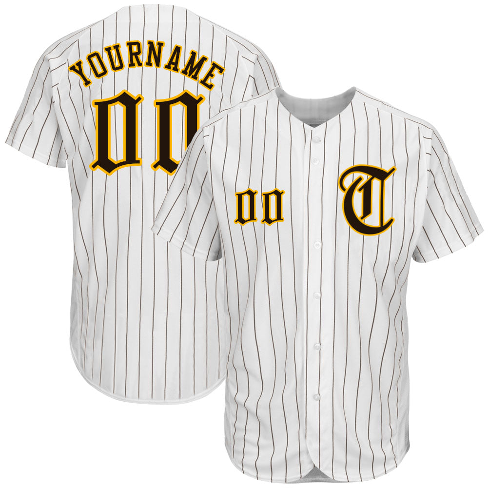Custom White Brown Pinstripe Brown-Gold Authentic Baseball Jersey - Main View