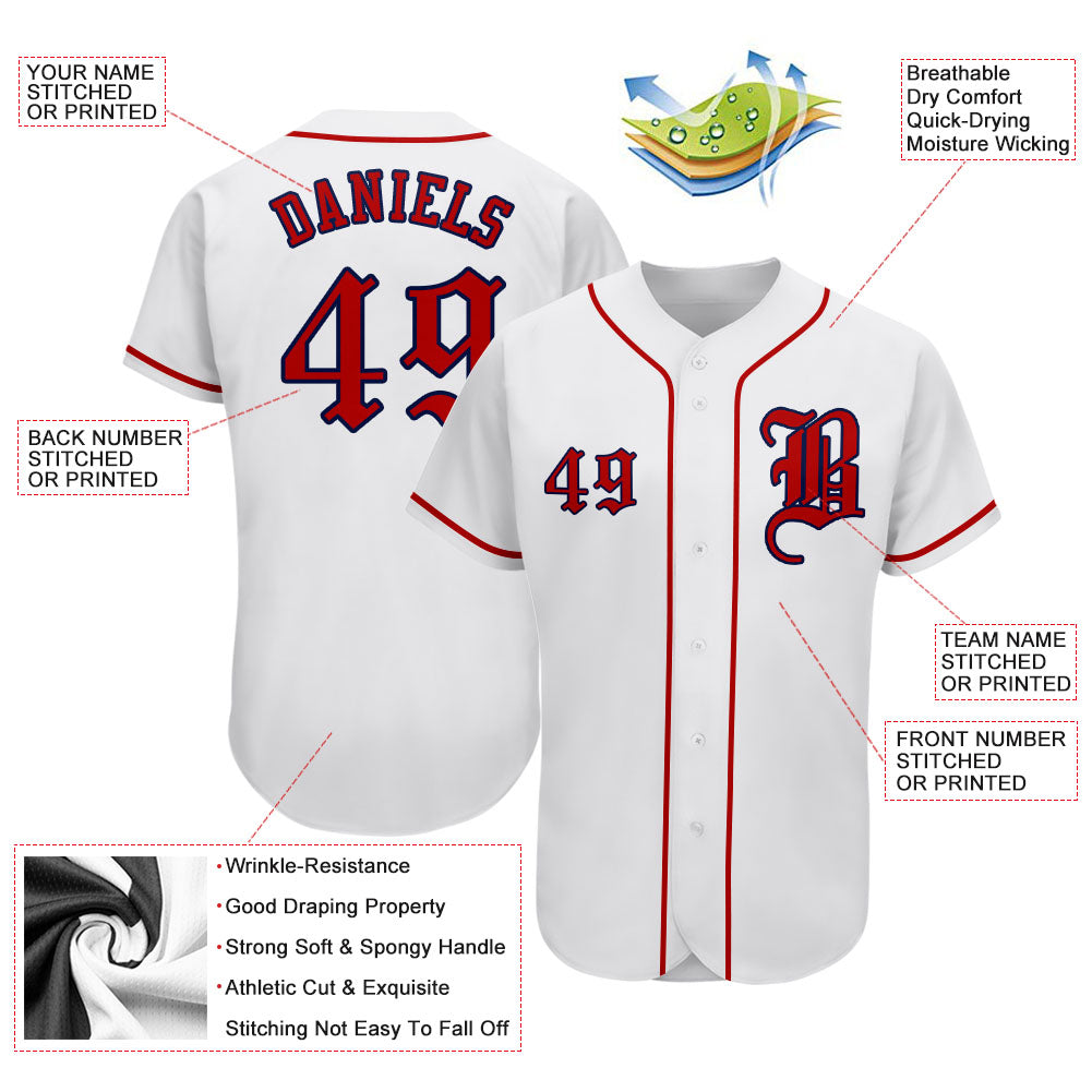 Custom White Red-Navy Authentic Baseball Jersey view 3