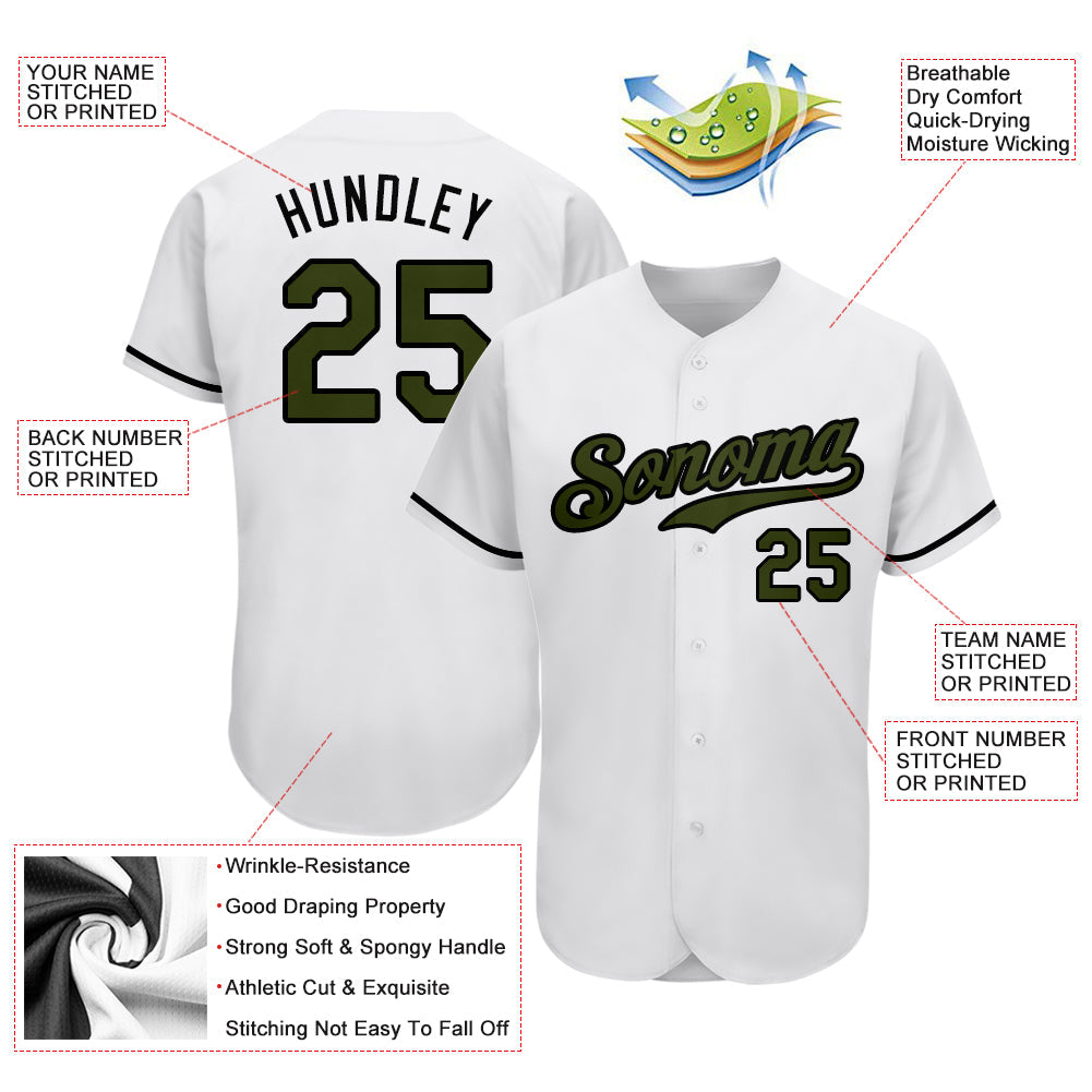 Custom White Olive-Black Authentic Memorial Day Baseball Jersey view 3