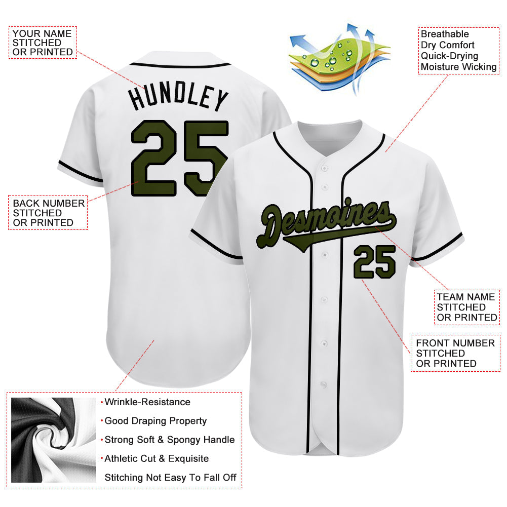 Custom White Olive-Black Authentic Memorial Day Baseball Jersey view 3