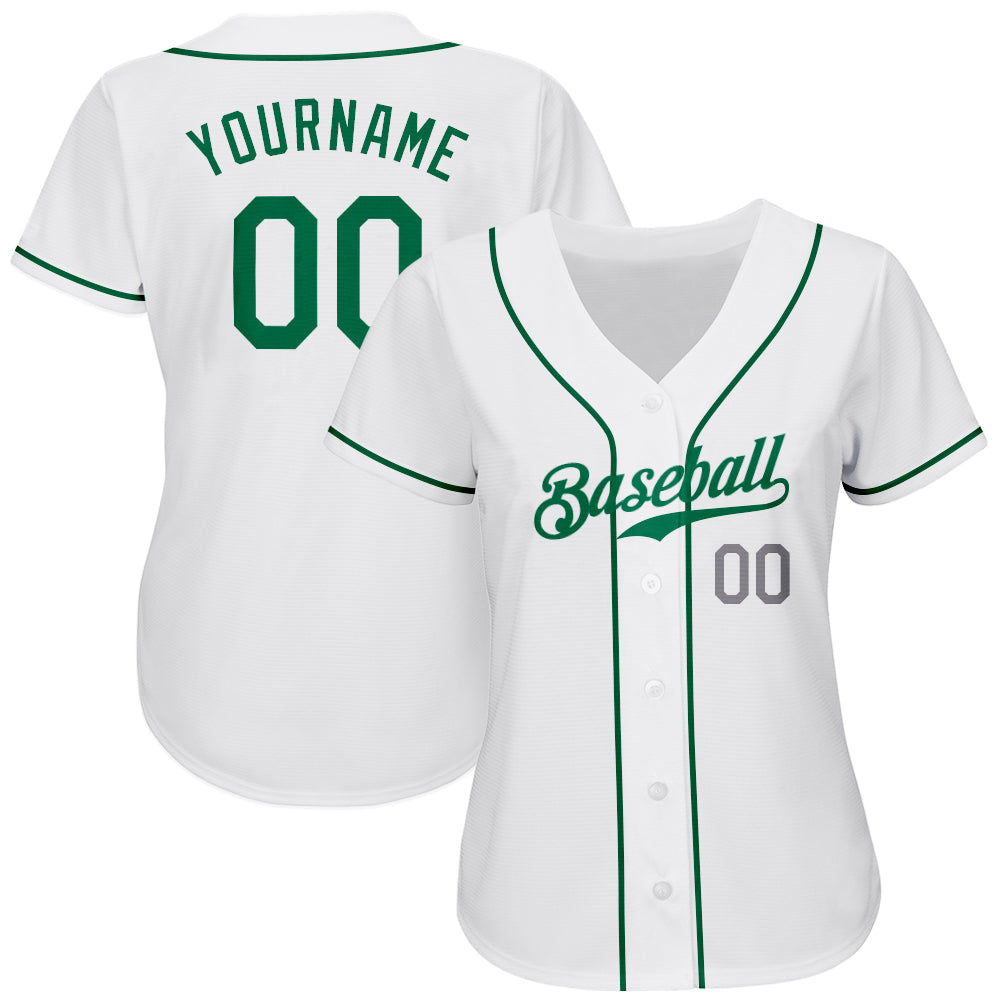 Custom White Kelly Green-Light Gray Authentic Baseball Jersey view 3