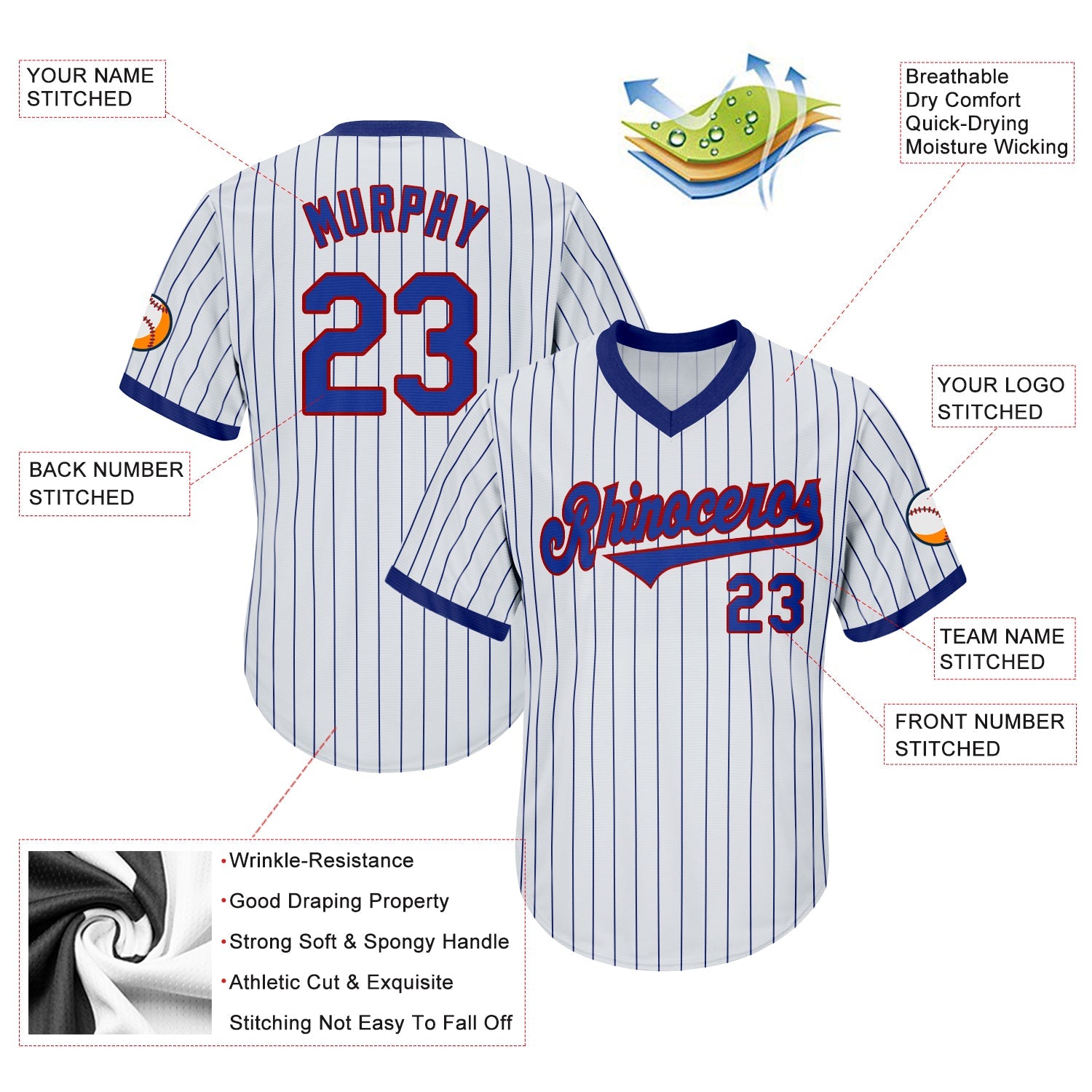 Custom White Royal Pinstripe Royal-Red Authentic Throwback Rib-Knit Baseball Jersey Shirt view 4