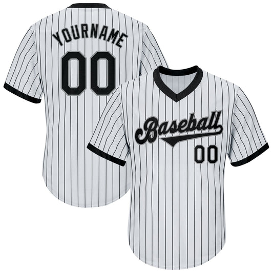Custom White Black Pinstripe Black-Gray Authentic Throwback Rib-Knit Baseball Jersey Shirt - Main View