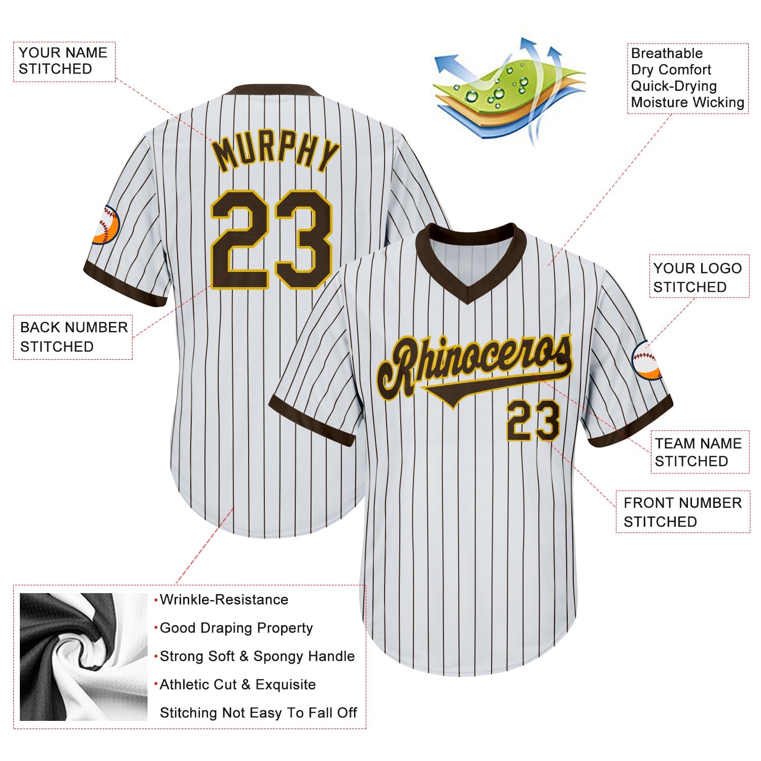 Custom White Brown Pinstripe Brown-Gold Authentic Throwback Rib-Knit Baseball Jersey Shirt view 4