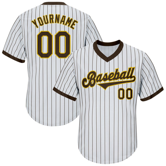 Custom White Brown Pinstripe Brown-Gold Authentic Throwback Rib-Knit Baseball Jersey Shirt - Main View