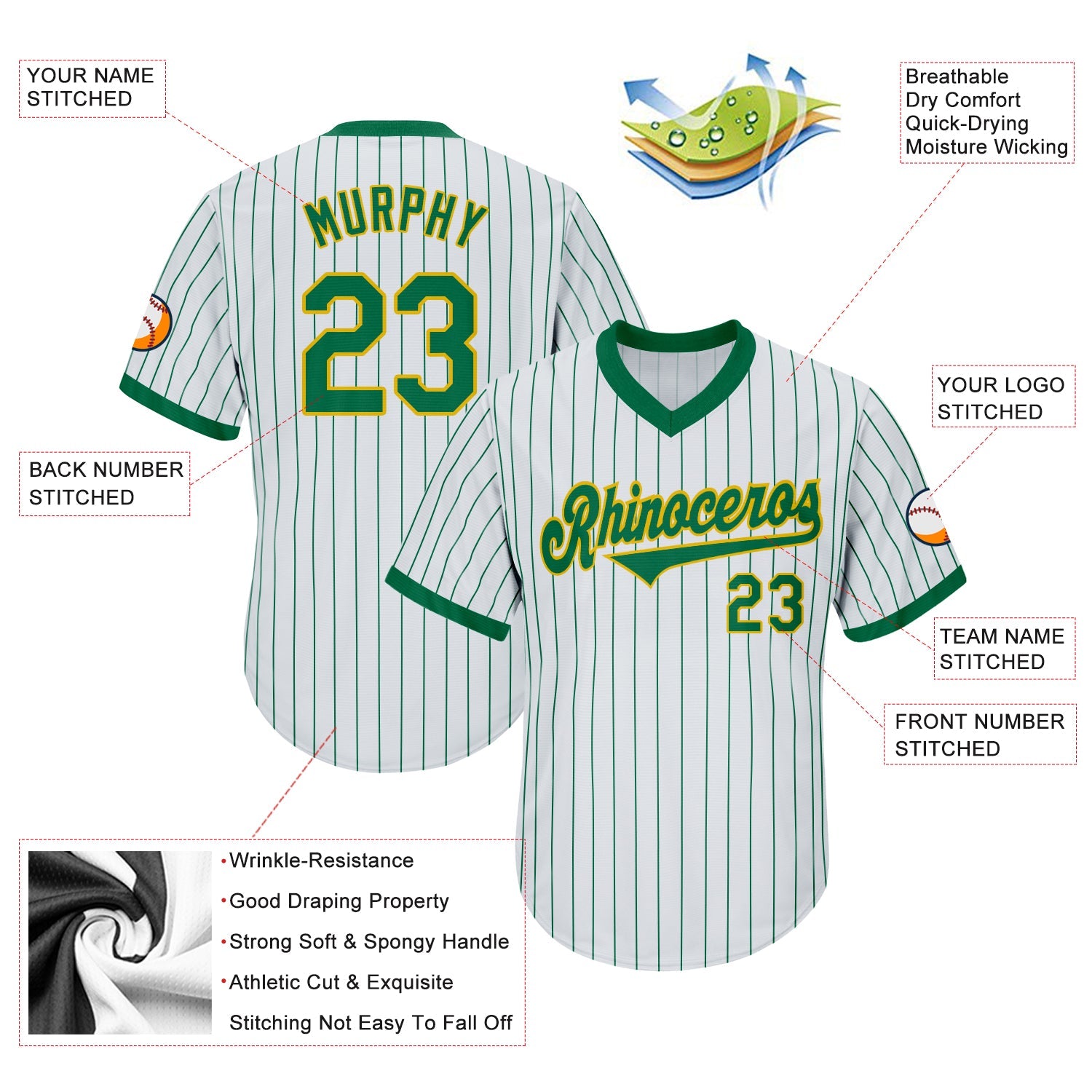 Custom White Kelly Green Pinstripe Kelly Green-Gold Authentic Throwback Rib-Knit Baseball Jersey Shirt view 4
