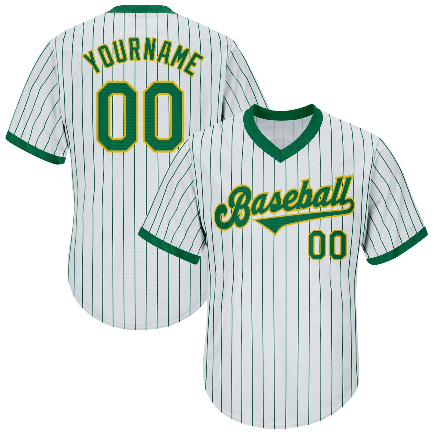 Custom White Kelly Green Pinstripe Kelly Green-Gold Authentic Throwback Rib-Knit Baseball Jersey Shirt - Main View
