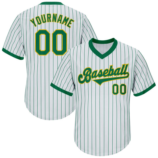 Custom White Kelly Green Pinstripe Kelly Green-Gold Authentic Throwback Rib-Knit Baseball Jersey Shirt - Main View