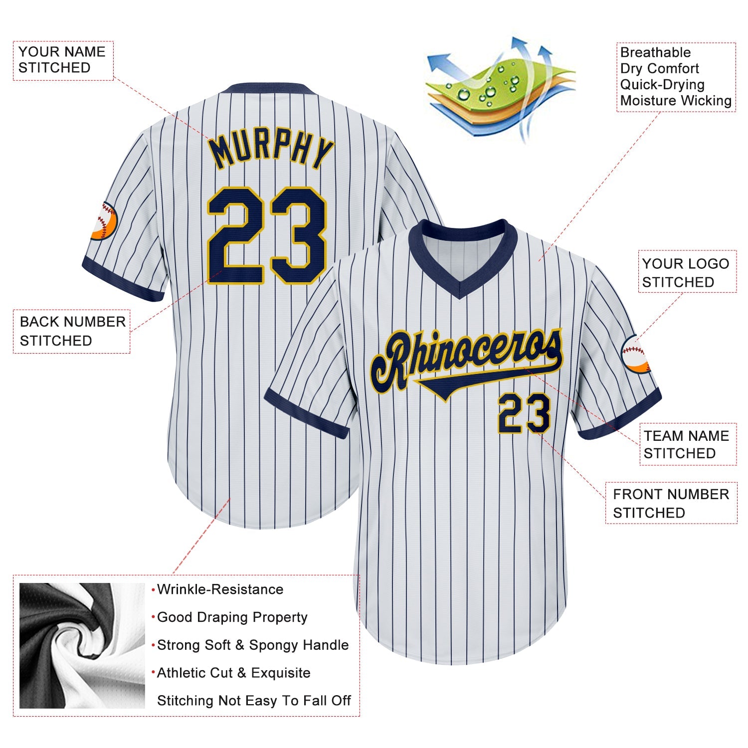 Custom White Navy Pinstripe Navy-Gold Authentic Throwback Rib-Knit Baseball Jersey Shirt view 4