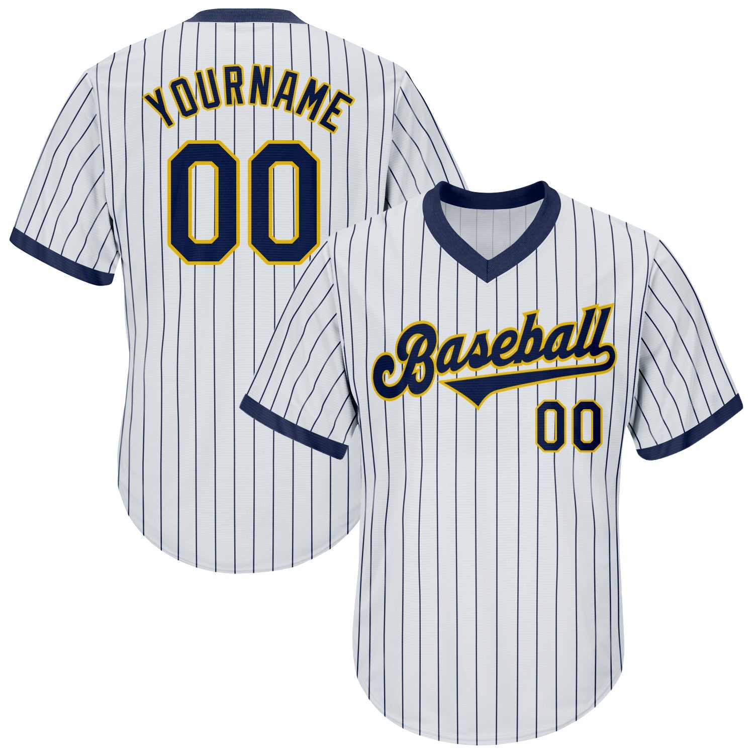 Custom White Navy Pinstripe Navy-Gold Authentic Throwback Rib-Knit Baseball Jersey Shirt - Main View