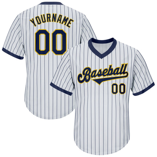 Custom White Navy Pinstripe Navy-Gold Authentic Throwback Rib-Knit Baseball Jersey Shirt - Main View