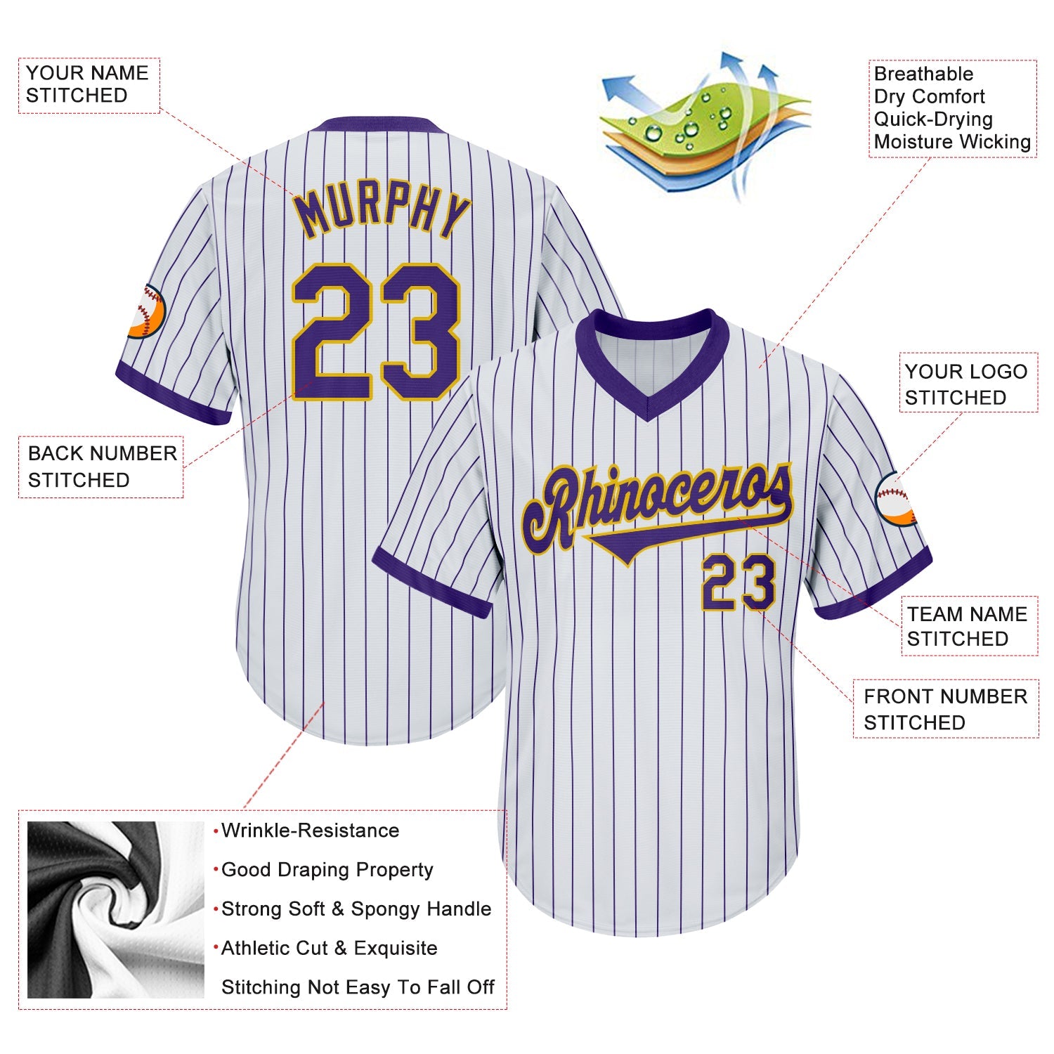 Custom White Purple Pinstripe Purple-Gold Authentic Throwback Rib-Knit Baseball Jersey Shirt view 4