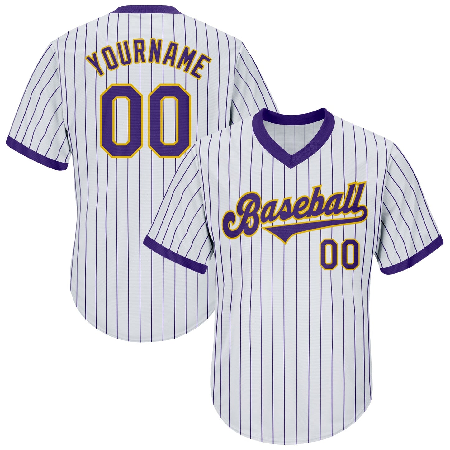 Custom White Purple Pinstripe Purple-Gold Authentic Throwback Rib-Knit Baseball Jersey Shirt - Main View