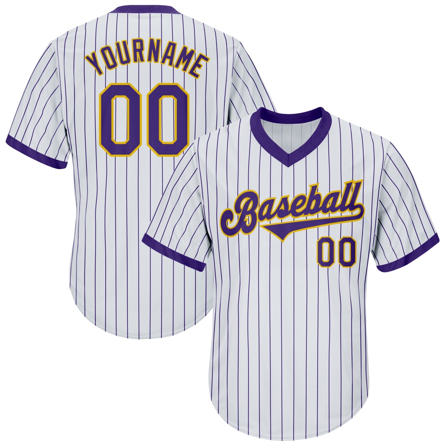 Custom White Purple Pinstripe Purple-Gold Authentic Throwback Rib-Knit Baseball Jersey Shirt - Main View