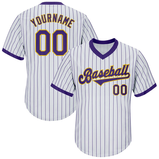 Custom White Purple Pinstripe Purple-Gold Authentic Throwback Rib-Knit Baseball Jersey Shirt - Main View