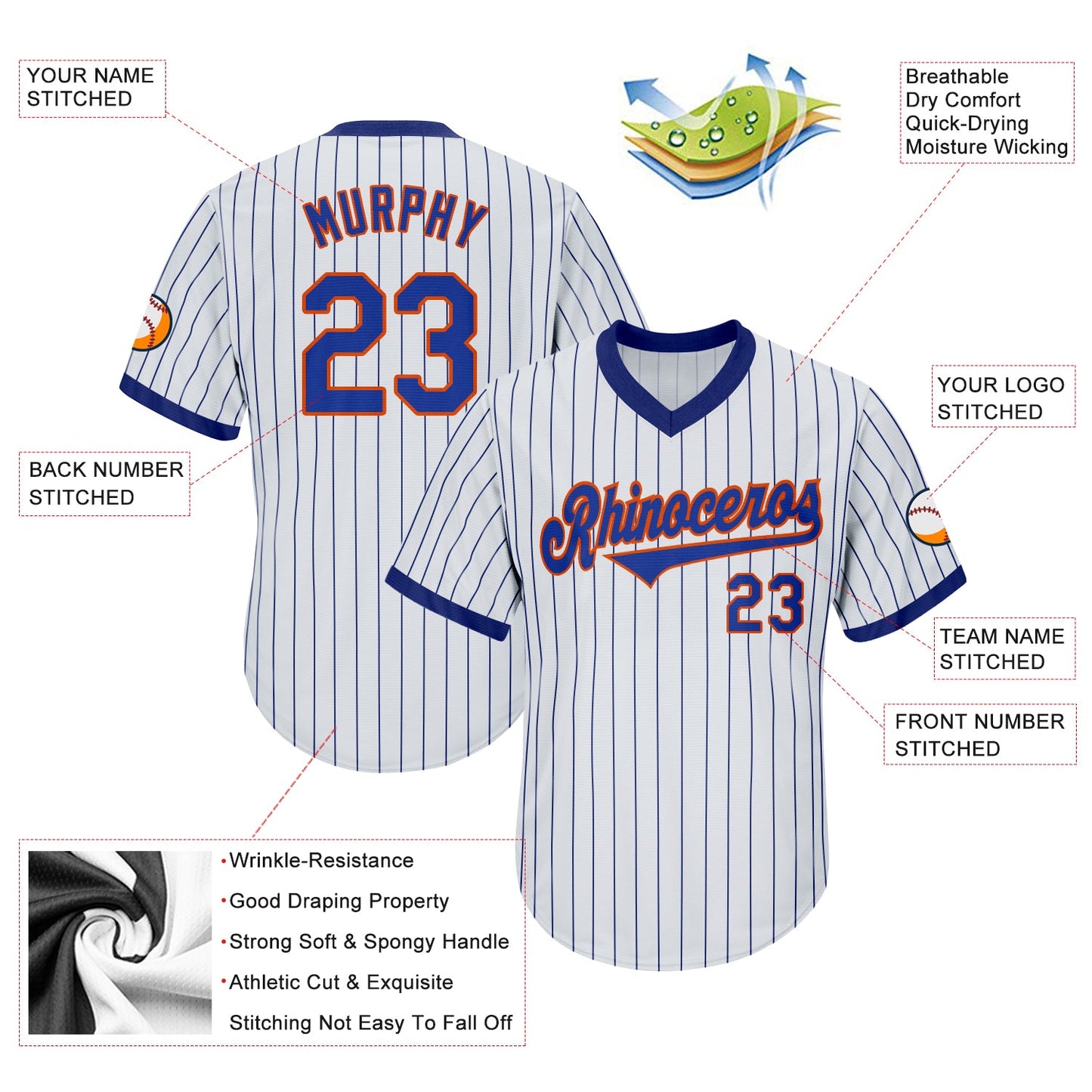 Custom White Royal Pinstripe Royal-Orange Authentic Throwback Rib-Knit Baseball Jersey Shirt view 4