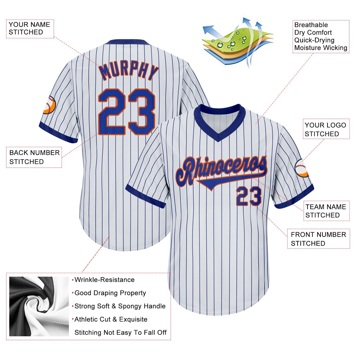 Custom White Royal Pinstripe Royal-Orange Authentic Throwback Rib-Knit Baseball Jersey Shirt view 4