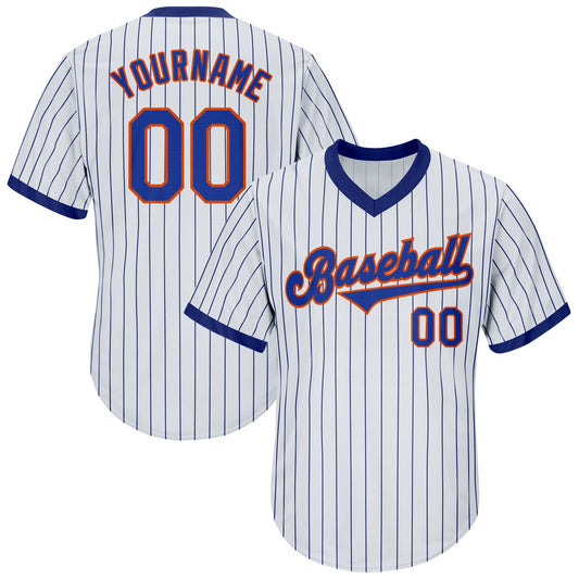 Custom White Royal Pinstripe Royal-Orange Authentic Throwback Rib-Knit Baseball Jersey Shirt - Main View