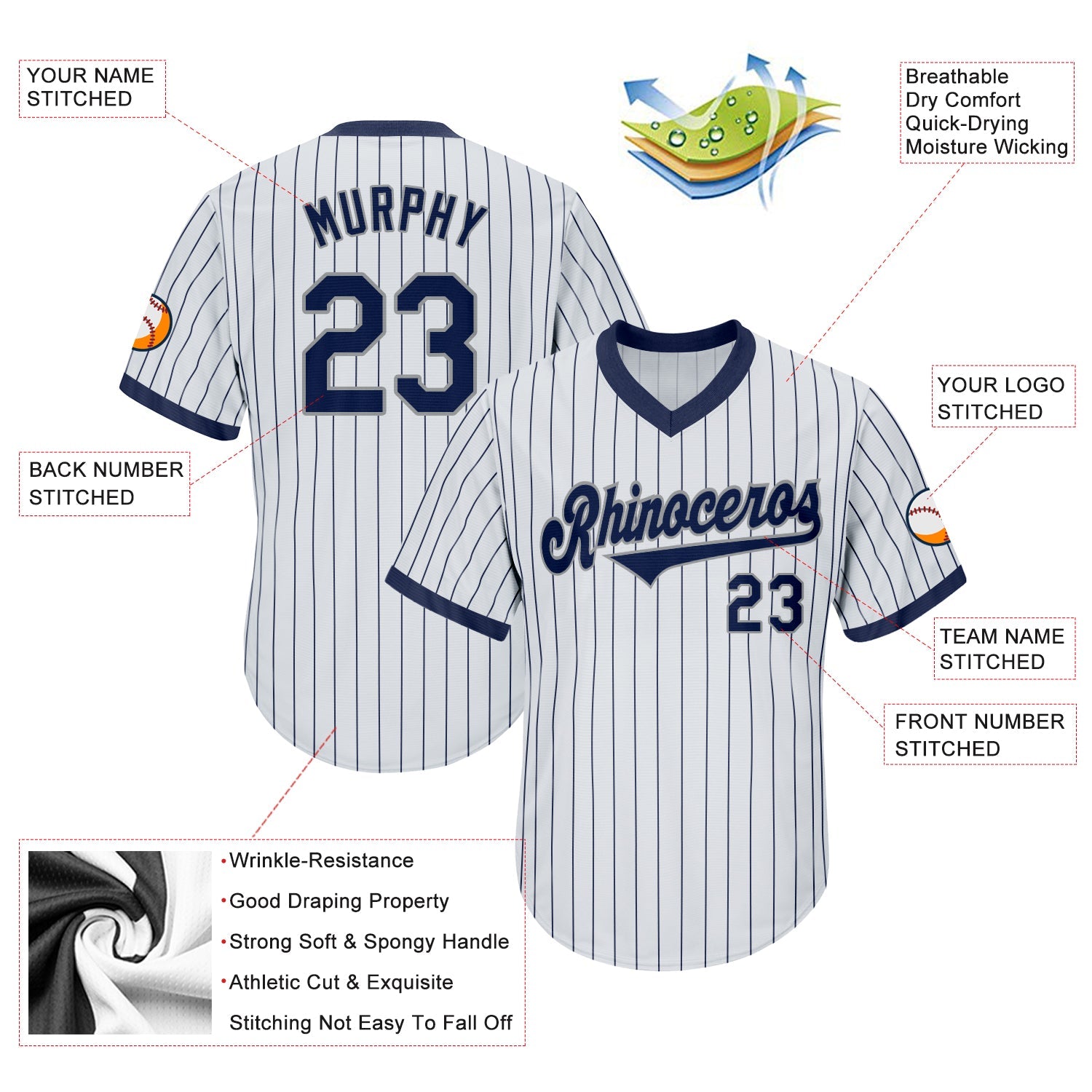 Custom White Navy Pinstripe Navy-Gray Authentic Throwback Rib-Knit Baseball Jersey Shirt view 4