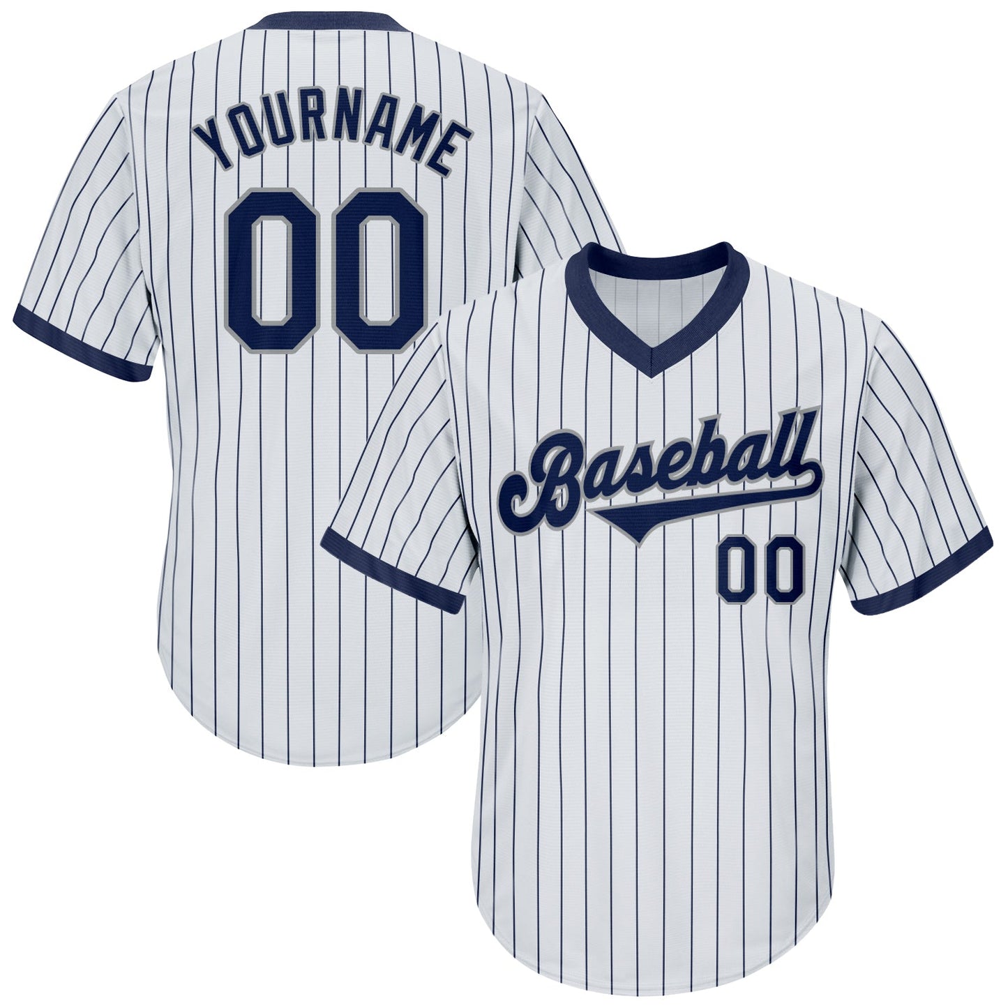 Custom White Navy Pinstripe Navy-Gray Authentic Throwback Rib-Knit Baseball Jersey Shirt - Main View
