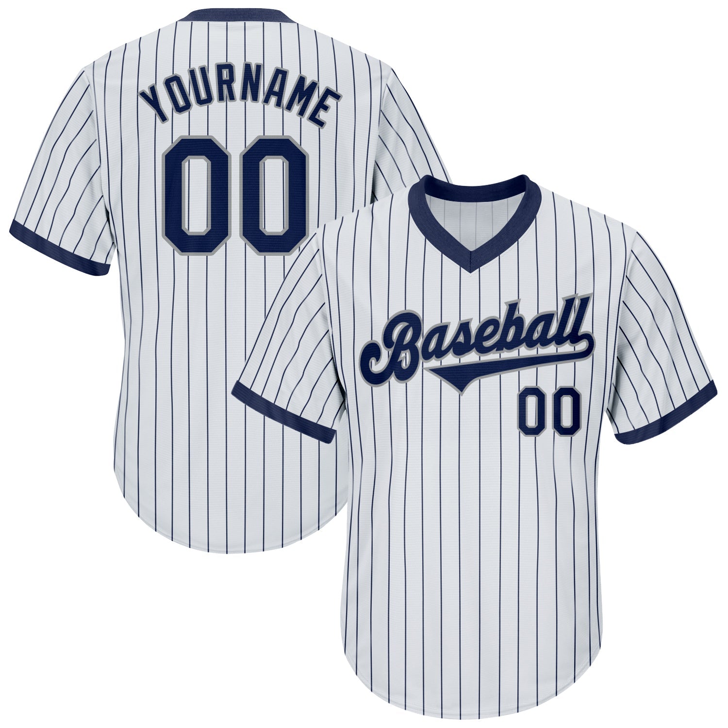 Custom White Navy Pinstripe Navy-Gray Authentic Throwback Rib-Knit Baseball Jersey Shirt - Main View