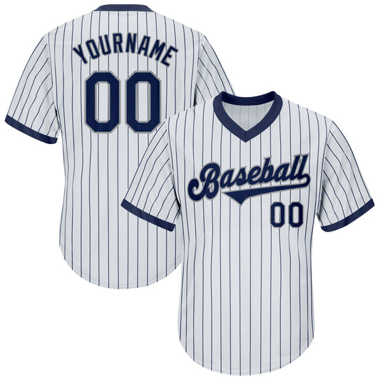 Custom White Navy Pinstripe Navy-Gray Authentic Throwback Rib-Knit Baseball Jersey Shirt - Main View