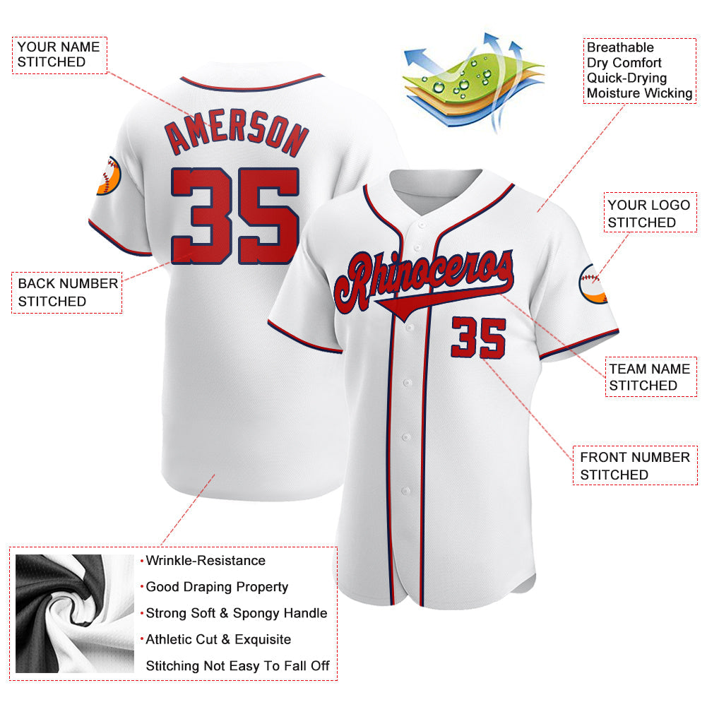 Custom White Red-Navy Authentic Baseball Jersey view 3