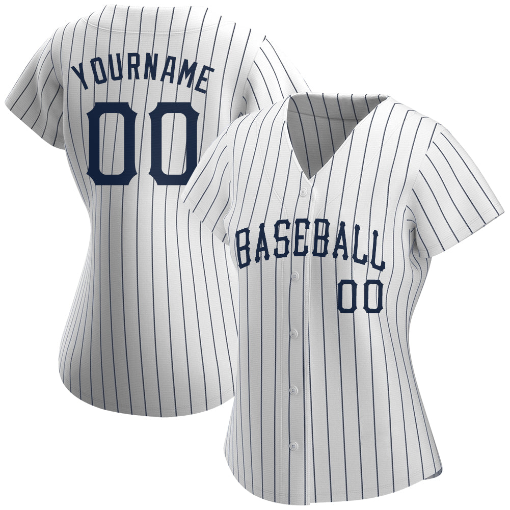 Custom White Navy Pinstripe Navy Authentic Baseball Jersey view 2