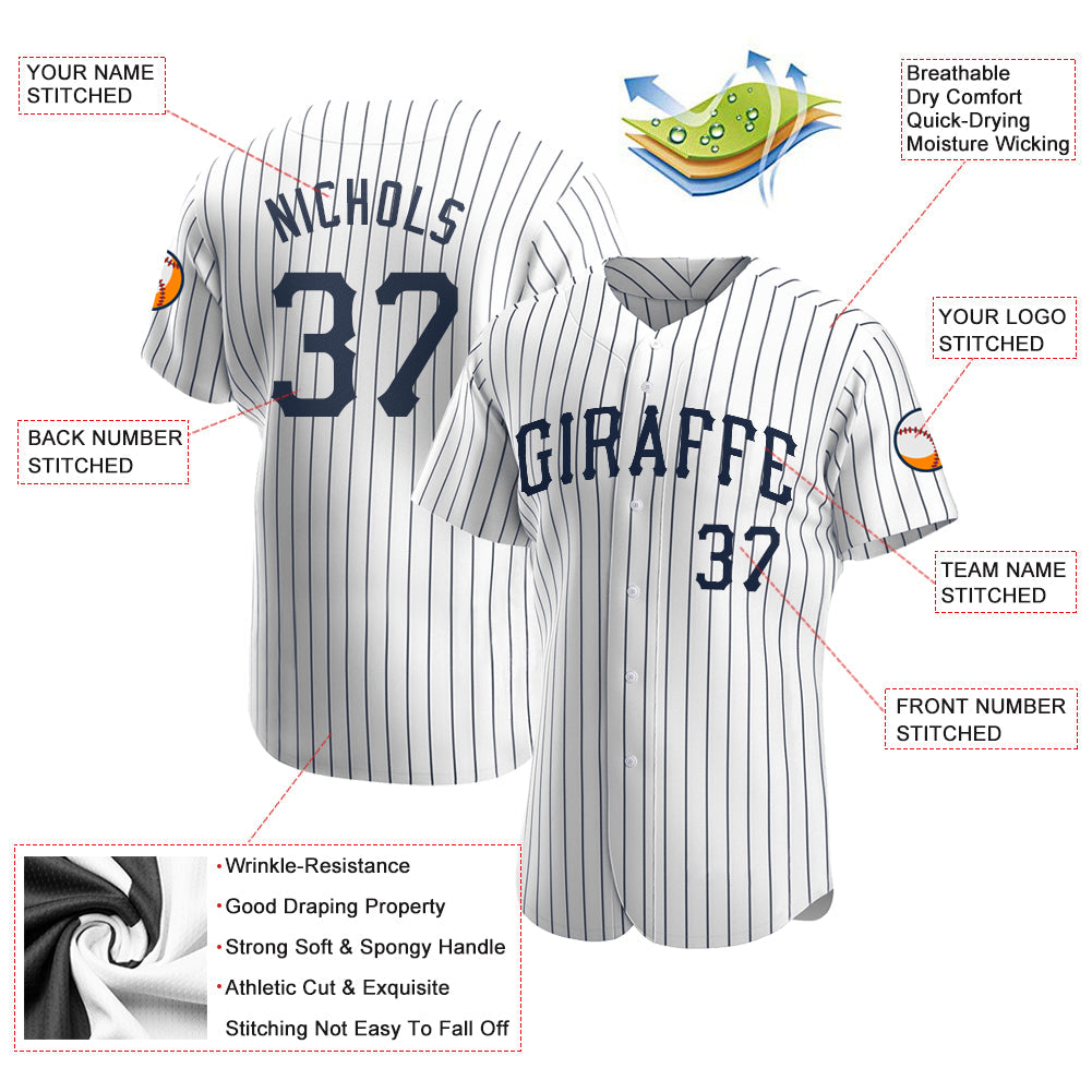 Custom White Navy Pinstripe Navy Authentic Baseball Jersey view 3