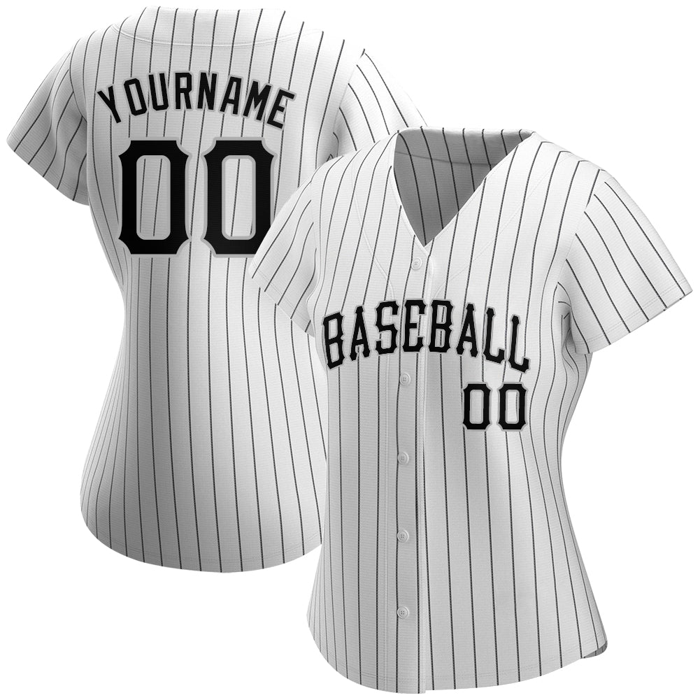Custom White Black Pinstripe Black-Gray Authentic Baseball Jersey view 2