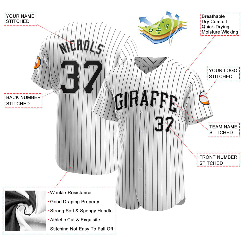 Custom White Black Pinstripe Black-Gray Authentic Baseball Jersey view 3