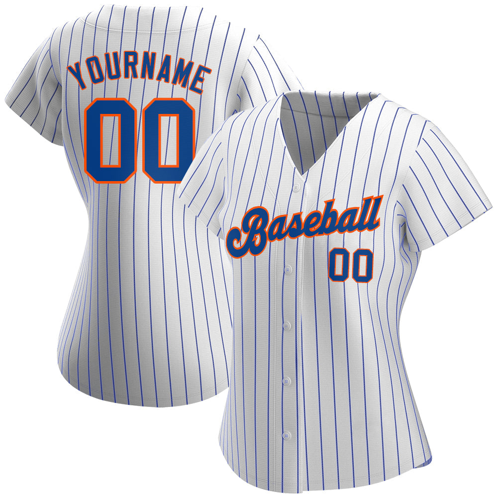 Custom White Royal Pinstripe Royal-Orange Authentic Baseball Jersey view 2