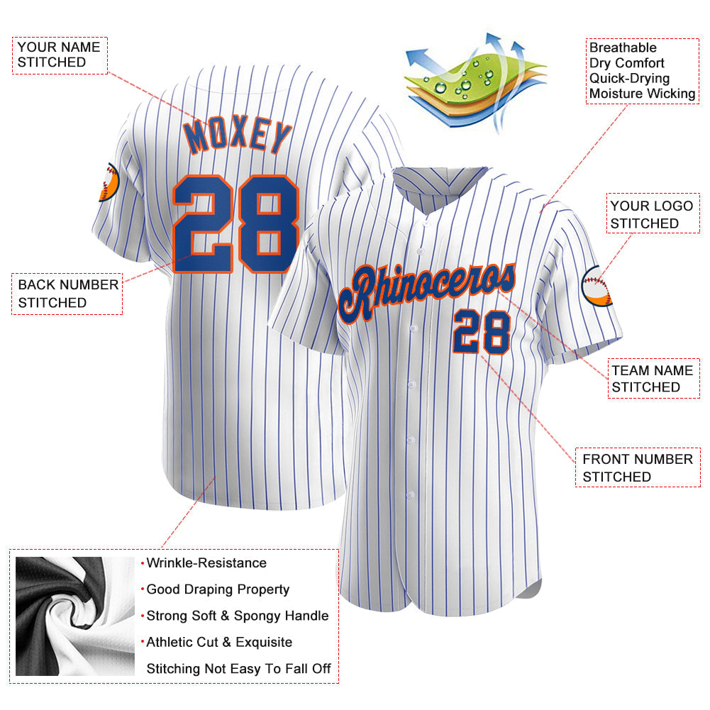 Custom White Royal Pinstripe Royal-Orange Authentic Baseball Jersey view 3