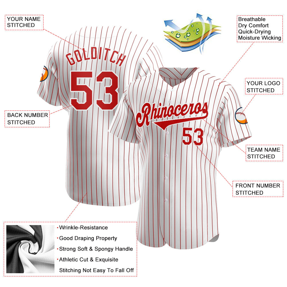 Custom White Red Pinstripe Red-White Authentic Baseball Jersey view 3