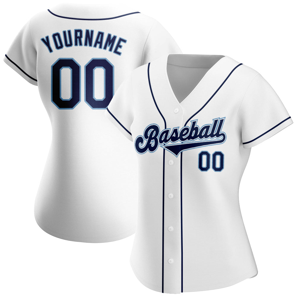 Custom White Navy-Powder Blue Authentic Baseball Jersey view 2