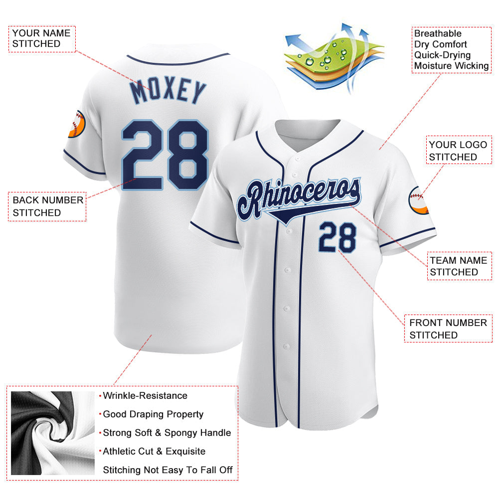 Custom White Navy-Powder Blue Authentic Baseball Jersey view 3