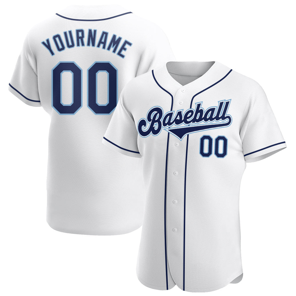 Custom White Navy-Powder Blue Authentic Baseball Jersey - Main View