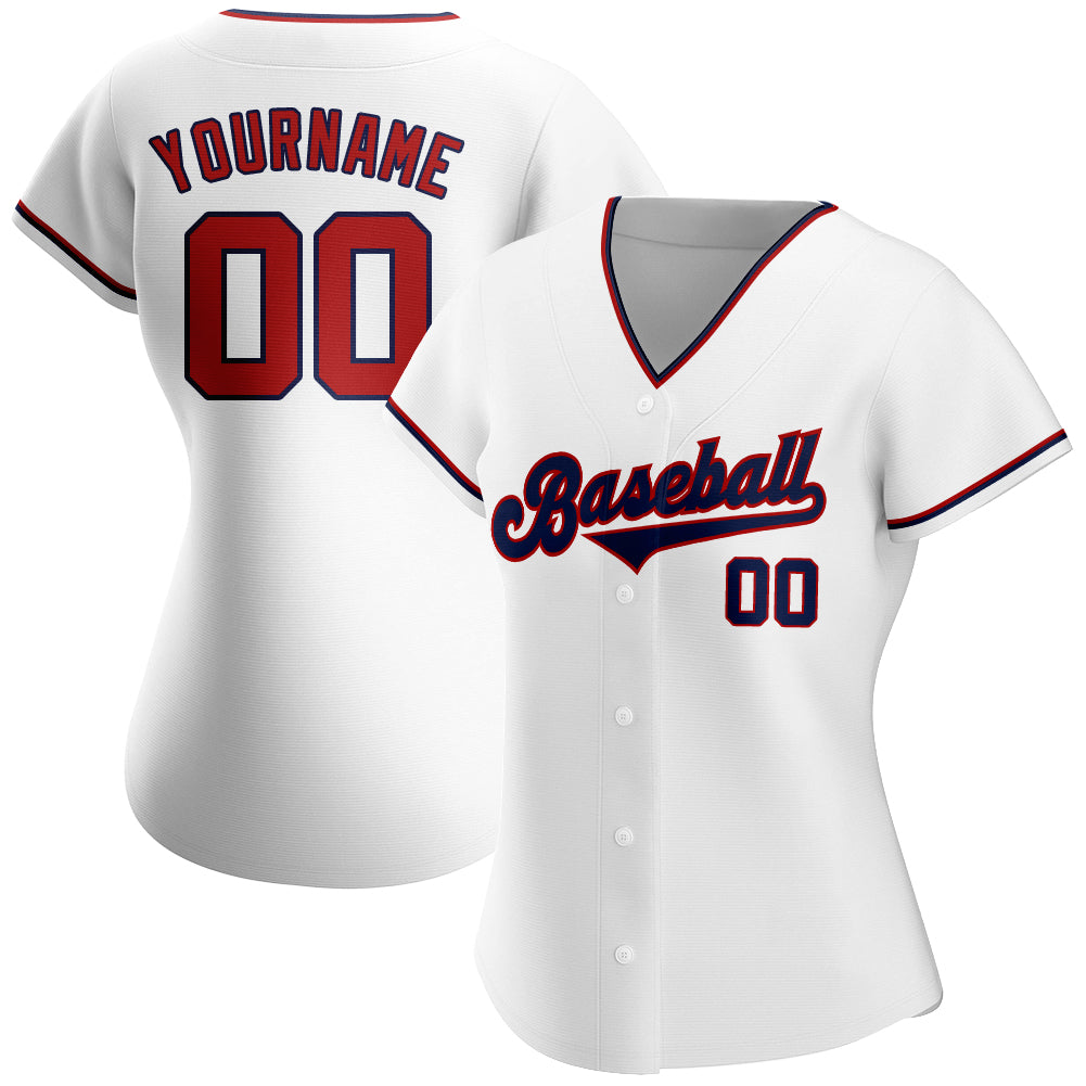 Custom White Red-Navy Authentic Baseball Jersey view 2